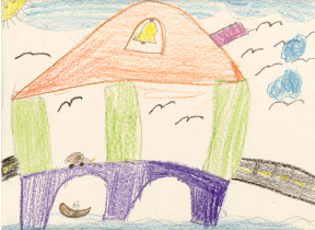 The drawing shows a bridge over water. There is a bell in the top of the bridge.