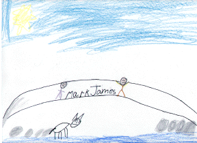 The drawing shows two children standing on a bridge.