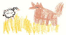This is a drawing of the lamb and the coyote in the meadow.