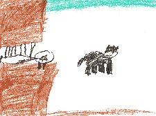 This is a drawing of the lamb holding up the mountain; the coyote looks on.