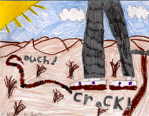 The drawing shows the legs and feet of a person who is stepping on a rattlesnake's tail: "Crack!" The rattler says: "Ouch!"