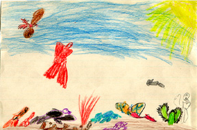 This is a picture of animals in the desert with an Indian trying to hunt the animals.