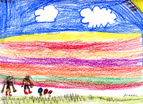 This picture is two little girls strolling along a meadow of flowers on a beautiful warm day.