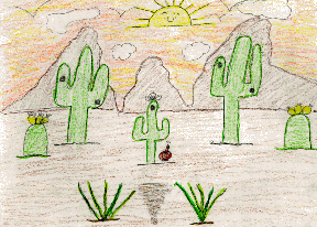 The drawing shows a desert scene with beautiful mountains, clouds, and a rising sun.