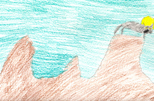 This is a drawing of a coyote standing on top of a mountain with the moon in the background.