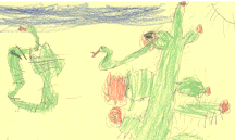 The drawing shows rattlesnakes and a saguaro.