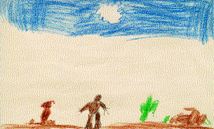 The drawing shows Chance in the desert next to a javelina and a Sahuaro cactus.