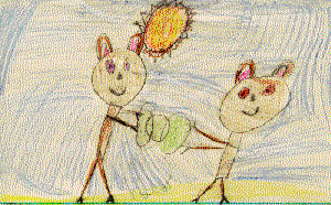 The drawing shows two javelinas in the desert.  They are sharing a piece of cactus.
