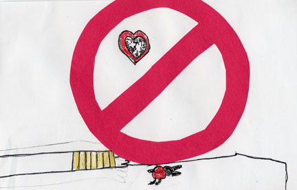 This drawing shows a ladybug avoiding being squished by  a hand.
