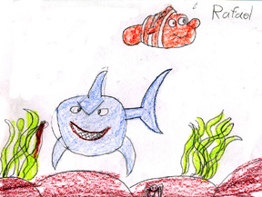 This picture shows Nemo and a shark from the movie Finding Nemo