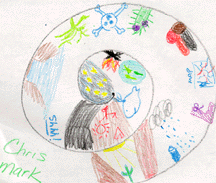 The drawing shows many  nature images within a spiral shape.