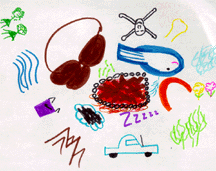 The drawing shows many images including a car, a fish, flowers, and trees.