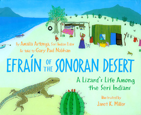 This book jacket shows a green lizard on Amalia's beach.
