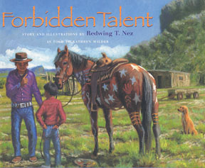 A young, Navajo boy named Ashkii and his grandfather are talking about why Ashkii painted stars, stripes, and colors on their horse.