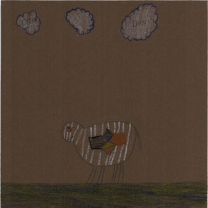 depicts the scene where Askhi painted the sheep in different designs.  He also added a Navajo design on the side of the sheep and included clouds and grass in the foreground. 