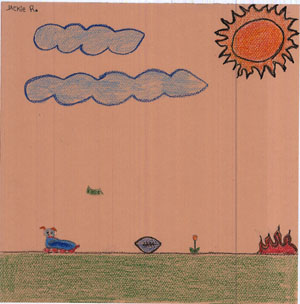 drew the dog that Ashkii painted on and also added a football.  She also incorporated a drawing of a fire on the ground and a blazing, red sun in the sky.