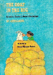 The book jacket shows a goat and a woman nose to nose on top of a pile of wool.