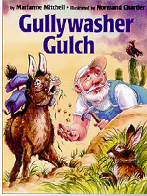 This is a picture of Ebnezer Overall and his donkey looking up at the sky. There is a bunny next to them eating grass. 