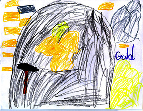 This shows a picture of a cave with gold inside it. There is gold all around the cave.