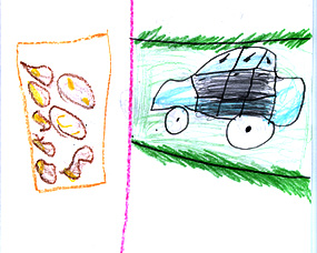 This picture shows a collection of rocks, and a car driving along.