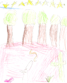 The drawing shows stars in the sky over a row of trees.