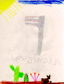 The drawing shows a dog in the desert.