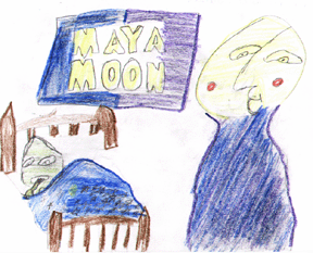 There is a picture of a green moon, looking down at a sleeping turtle.