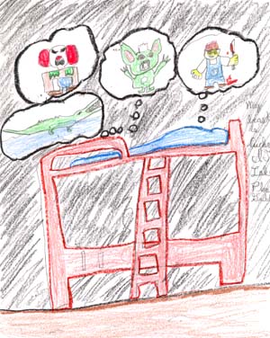 This image shows a child who is dreaming about Chukie, It, and Grimlins.