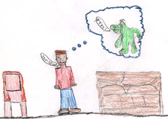 This image shows a boy thinking about his personal beast, an alligator.