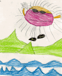 The drawing shows a red and orange sun (wearing sunglasses).