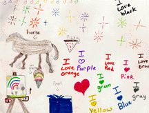 The mural drawing including a horse, multi-colored stars, an easle, and more.