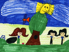 This picture shows a young girl being teased by other girls.