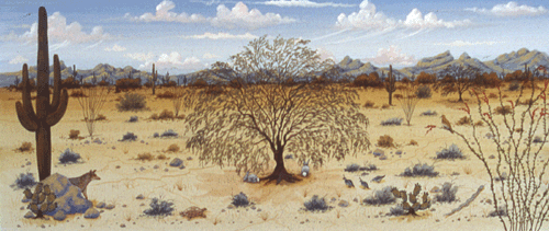 This painting shows the dry Sonoran Desert in spring. The animals in the poem are in the scene. The clouds are small and distant.