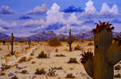 This painting shows the dry desert wash and dried saguaro fruits. The enormous clouds are growing even larger and are spilling over the mountains.
