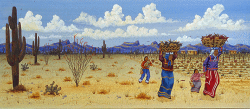Two women carry the harvest from the fields in large beautiful baskets which they balance on their heads. Two children help them. The clouds are white and distant again.