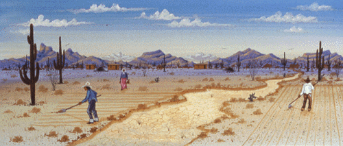 This painting shows Tohono O'odham farmers preparing their fields in preparation for the coming rain.
