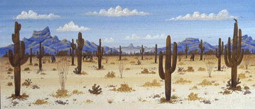 This painting shows many saguaros with thirsty roots. The clouds are small over the distant mountains.