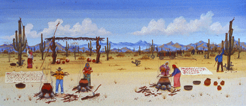 The painting shows the grandfather stoking the fire while the grandmothers cook the saguaro fruit. In the background, a man and a woman are harveting fruits.