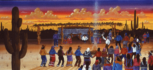The medicine man holding the eagle feathers leads the People as they dance in a chain around the fire. The golden clouds are illuminated by a red and purple sunset.