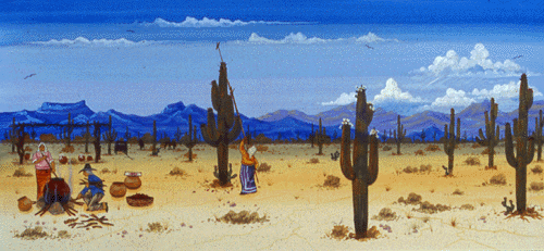 This illustration shows many parts of the harvest cycle: the grandparents cooking the fruit, a woman harvesting, saguaros with white blossoms and red fruits.