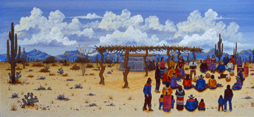 The headman leads the rain-making ceremony. The People sit in the four directions. The clouds are enormous over the mountains